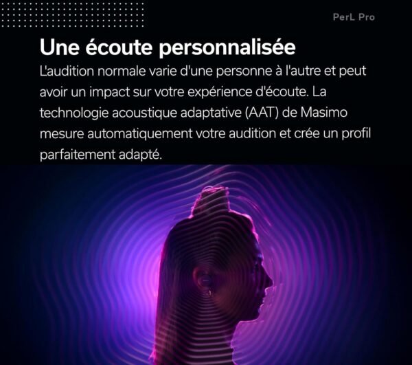 Denon PerL Pro Écouteurs sans fil de qualité supérieure, profil sonore personnalisé alimenté par la technologie acoustique adaptative Masimo, audio sans perte, suppression du bruit, résistant à l'eau – Image 5